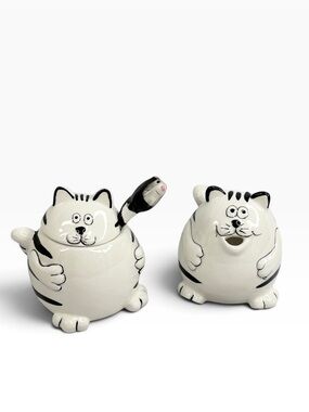 Pier 1  4” Tall Black & White Chubby Cat Cream & Sugar Bowl with Mouse Spoon